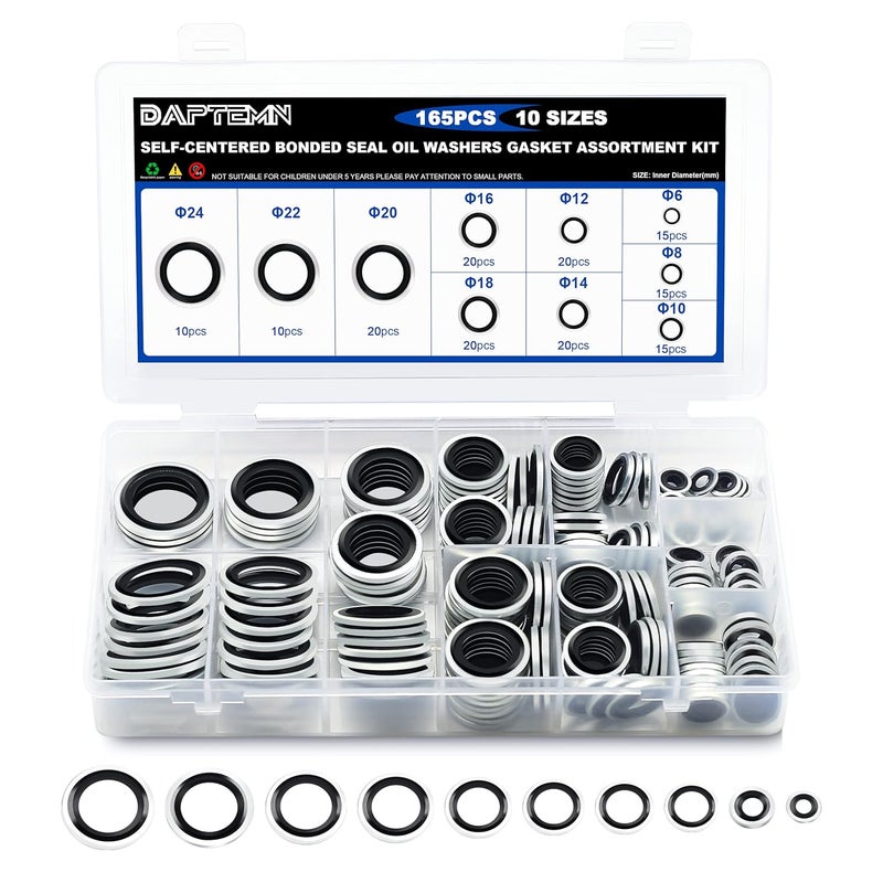 Daptemn 165PCS Bonded Sealing Washers, NBR Metric Zinc-Plated Steel Self-Centred Sealing Rubber Washers, Automotive Seal Gasket Crush O-Ring Assortment Kit Set M6 to M24 - Image 1